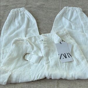 ZARA Cream Linen-Blend Cargo Jogger Pants